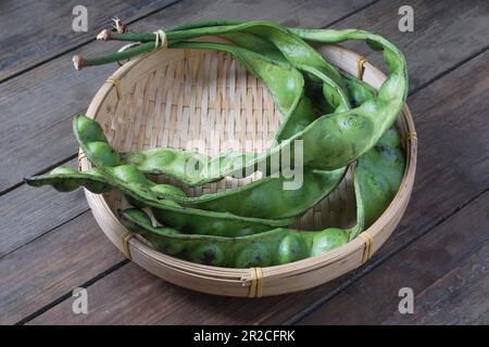 Crudo di Petai o Pete, che hanno un odore piuttosto particolare. Di solito mangiato crudo o cotto, popolare con il nome di bean puzzolente o bean amaro. Foto Stock