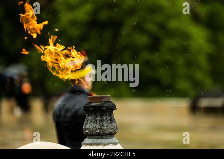 La fiamma eterna per gli eroi dell'esercito durante una cerimonia militare a Bucarest, in Romania, presso la Tomba del Milite Ignoto, durante una giornata di pioggia. Foto Stock