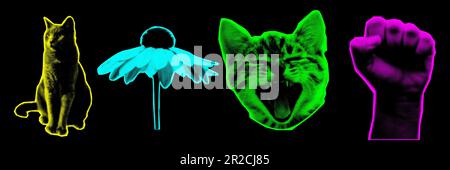 Elementi di design da collage in stile pop art trendy. Effetto mezzitoni retro. Fiore, mano, gatto. Illustrazione vettoriale con ritaglio punk vintage grunge Illustrazione Vettoriale