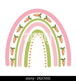 Arcobaleno pasquale con cuori e carote illustrazione isolato su sfondo bianco. Elemento clipart del giorno di Pasqua,saluto,invito,festa di compleanno decora Foto Stock