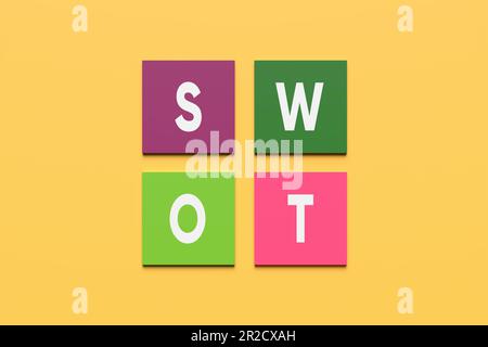 Business marketing concetto di analisi SWOT. La parola SWOT punti di forza debolezze opportunità e minacce su blocchi quadrati colorati su sfondo giallo. Foto Stock