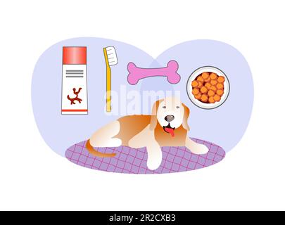 Illustrazione vettoriale circa i benefici di preoccuparsi per i denti dei cani. Cane soddisfatto, spazzolino da denti e paste.igiene orale per i cani. Immagini per la cura dentale. Prevenzione delle malattie gengivali. Cura dentale. Sensibilizzazione sull'igiene orale dei cani Illustrazione Vettoriale
