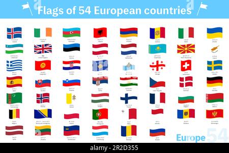 Icone della bandiera del mondo che tremolano, insieme di 54 paesi europei e NSI, illustrazione vettoriale Illustrazione Vettoriale