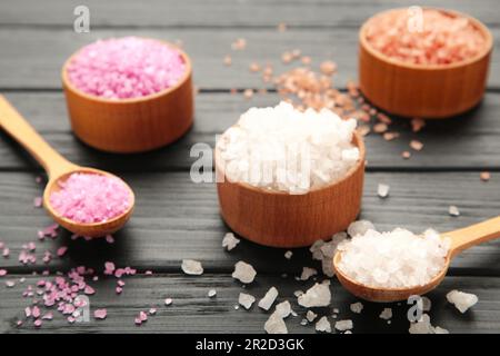 Diversi tipi di sale su sfondo nero. Vista superiore Foto Stock