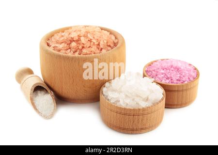 Sale himalayano grossolano e fine isolato su bianco. Foto Stock