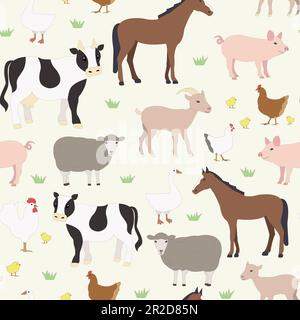 Cartoni animati da animali da fattoria, mucca, maiale, cavallo, pecore. capra, pollo, oca, pollame, piatto con animali domestici. Sfondo vettoriale per bambini Illustrazione Vettoriale