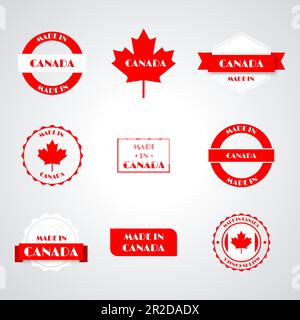 Set di varie etichette Made in Canada isolate su sfondo bianco, illustrazione vettoriale. Illustrazione Vettoriale