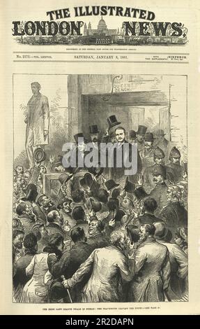 I processi della Lega irlandese di terra a Dublino, i Travers lasciando la Corte, 1881, vittoriano 19th ° secolo Foto Stock