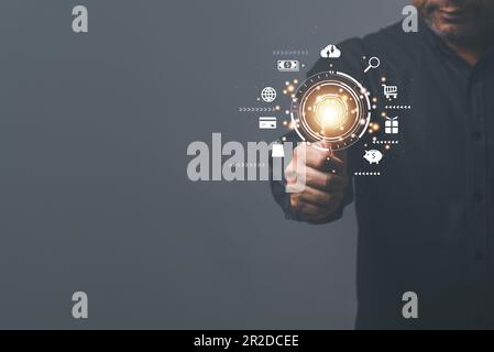 elaborazione digitale futuristica dello scanner di impronte digitali di identificazione biometrica per l'accesso ai dati finanziari personali. sorveglianza, scansione di sicurezza o Foto Stock