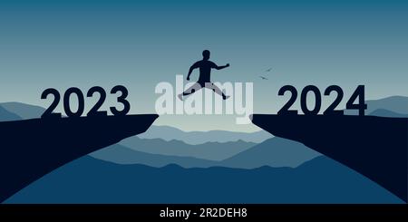 uomo che salta su una scogliera dal 2023 al 2024 felice anno nuovo Illustrazione Vettoriale