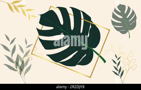 Foglia Vector di Monstera, eleganza tropicale opere d'arte astratta, foglia dorata di lusso con foglia verde, Vector Illustrazione Vettoriale