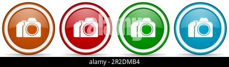 Fotocamera fotografica, fotografia icone lucide, set di pulsanti dal design moderno per applicazioni web, internet e mobili in quattro colori opzioni isolate su whit Foto Stock