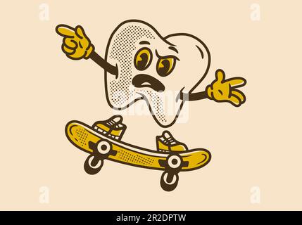 Mascotte vintage personaggio design di salto dente su skateboard Illustrazione Vettoriale