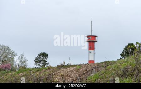 Faro bianco e rosso di Schausende nello Schleswig-Holstein in cima alla collina in una giornata nuvolosa Foto Stock