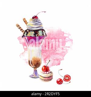 Milkshake con ciliegie, torta di maccheroni e bacche di ciliegia. Illustrazione acquerello isolata su sfondo bianco. Per il confezionamento alimentare, la produzione cosmetica Foto Stock