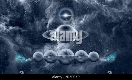 Esplorazione spaziale futuristica, Saturno, UFO , Stazione spaziale, armonia delle sfere Foto Stock