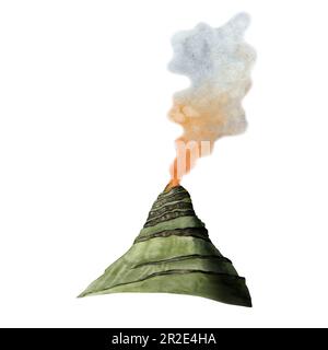 Vulcano attivo con fumo dell'era dei dinosauri, montagna verde Illustrazione isolata su sfondo bianco nei colori arancione, blu e marrone Foto Stock