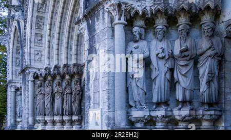 Immagini scultoree degli apostoli sulla facciata della cattedrale anglicana di Cork, Irlanda. Cattedrale di Saint fin barre Foto Stock