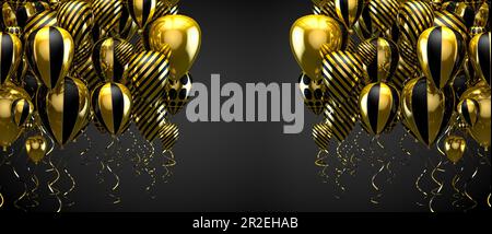 Eleganti palloncini in elio che volano su sfondo nero per annunci, compleanni e inviti. Sfondo festivo e festivo. Foto Stock