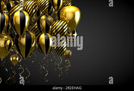 Eleganti palloncini in elio che volano su sfondo nero per annunci, compleanni e inviti. Sfondo festivo e festivo. Foto Stock