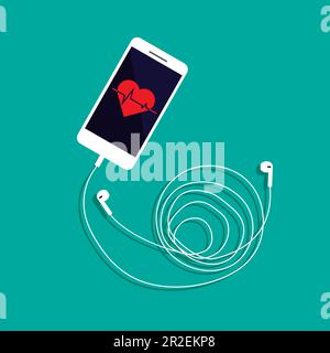 Applicazione fitness per la salute. Fitness tracker con frequenza cardiaca su uno schermo. Icona telefono e auricolari. Illustrazione vettoriale. Illustrazione Vettoriale