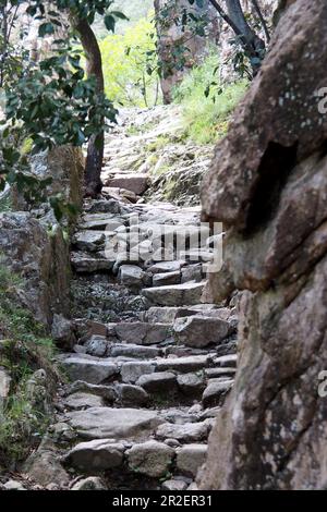 Scalini di pietra a Sentier de la Spilonca vicino ad Ota, negli altopiani tra Evisa e Porto, Corsica occidentale, Francia Foto Stock