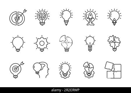Set di icone per la creatività. pacchetto vettoriale di icone delle linee di lampadine. icona relativa all'idea creativa. Semplice disegno vettoriale modificabile Illustrazione Vettoriale