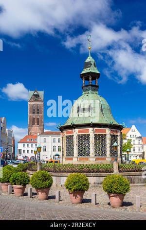 Marktplatz (piazza del mercato) nel centro di Wismar. Â€Wasserkunst', storica struttura ornata sul sito di una fontana d'acqua del 16th ° secolo des Foto Stock