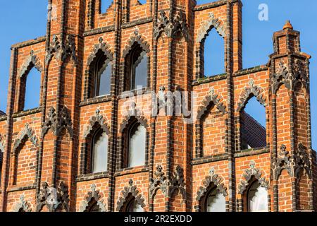 Marktplatz (piazza del mercato) nel centro di Wismar, Bürgerhaus gotica di mattoni (casa patrizia) chiamata Alter Schede (il Vecchio svedese), erecte Foto Stock