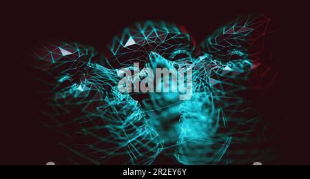 Analisi dei dati aziendali e intelligenza artificiale.testa di Cyborg e sicurezza informatica. Foto Stock