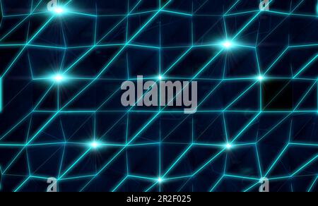 Illustrazione futuristica 3D del disegno di quadrati e forme geometriche. Luci al neon brillanti e texture lucente e liscia. Foto Stock