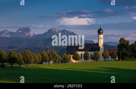 Pellegrinaggio chiesa Wilparting am Irschenberg in estate, con le montagne sullo sfondo, Baviera Foto Stock