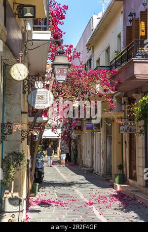 Strade storiche con fiori colorati nel centro storico di Rethymno, Creta settentrionale, Grecia Foto Stock