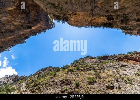 Guardando in alto le alte pareti rocciose nella gola di Samaria, Creta occidentale, Grecia Foto Stock