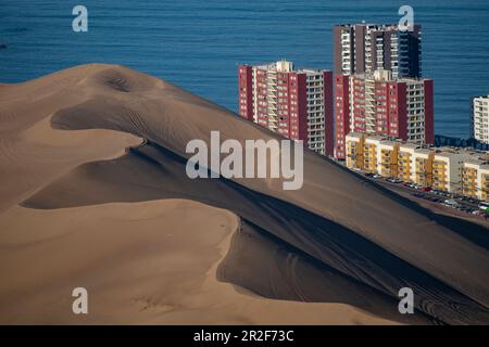 Una massiccia duna di sabbia e grattacieli sulla costa, visto dalla strada interna, vicino a Iquique, Tarapaca, Cile, Sud America Foto Stock