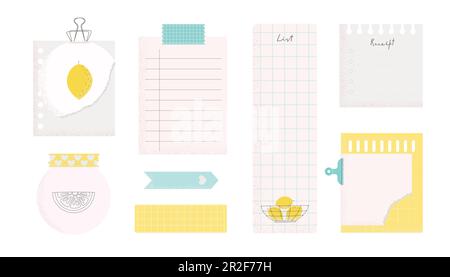 Set di carino vari fogli adesivi, programma, da fare, pianificatore, ricordi, adesivi per ufficio illustrazioni vettoriali. Semplici modelli di memo. Illustrazione Vettoriale