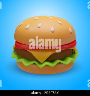 Vector 3D Cheeseburger. 3D Render Fast Food, hamburger. Cibo non sano spazzatura. Plastica brillante, illustrazione Clay in stile Cartoon su sfondo blu Illustrazione Vettoriale