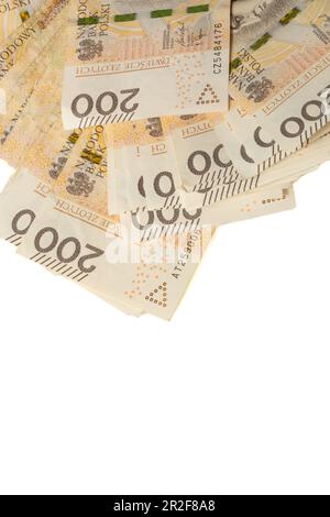 Una grande pila di banconote polacche da 200 zloty su sfondo bianco. Sinonimo di ricchezza e abbondanza. Foto Stock