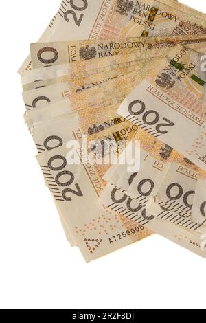 Una grande pila di banconote polacche da 200 zloty su sfondo bianco. Sinonimo di ricchezza e abbondanza. Foto Stock