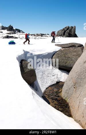 Traversata della catena montuosa di Ramshead nel Parco Nazionale di Kosciuszko, escursione sciistica di più giorni, NSW, Australia Foto Stock