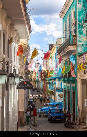 Colorato vicolo cubano con facciate coloniali della casa, l'Avana Vecchia, Cuba Foto Stock