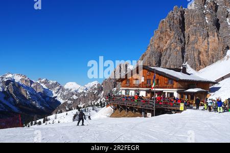 Nel comprensorio sciistico sotto il Cristallo sopra Cortina d´Ampezzo, sci, neve, sciatore, paesaggio, Rifugio sciistico, Dolomiti, inverno in Veneto, Italia Foto Stock