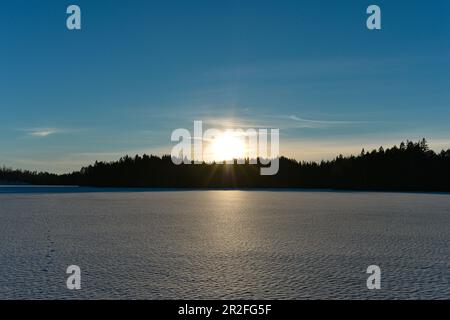 Prendere il sole su un lago ghiacciato in inverno, Bolmsjön, Halland, Svezia Foto Stock