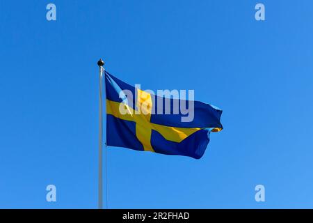 La bandiera della Svezia scola nel vento contro un bel cielo blu, Bjuröklubb, Västerbottens Län, Svezia Foto Stock