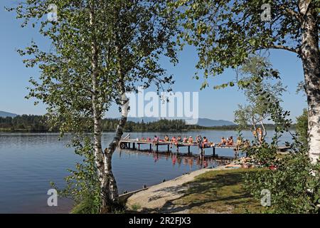 Molo sulla riva nord del Kirchsee, vicino a Bad Toelz, alta Baviera, Baviera, Germania Foto Stock