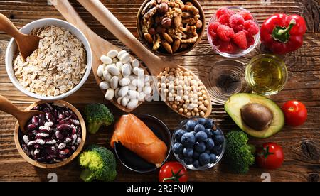 Colesterolo abbassando prodotti alimentari. Dieta livelli crescenti di lipoproteina ad alta densità Foto Stock