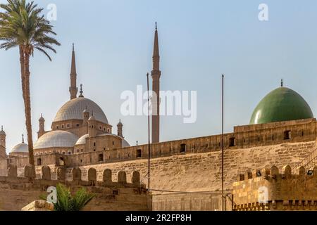 Grande Moschea di Muhammad Ali Pasha, e cupola verde di al-Nasir Muhammad ibn Qalawun Moschea, la Cittadella, il Cairo Foto Stock