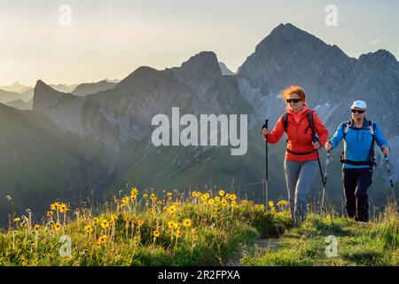 Uomo e donna che camminano fino allo Zafernhorn, Zitterklapfen sullo sfondo, Zafernhorn, Großes Walsertal Biosfera Riserva, Bregenzerwald Montagne, B Foto Stock