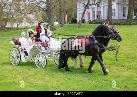 Carrozza trainata da cavalli, Lustike Festtage, rievocazione di una storica città tenda in epoca napoleonica intorno al 1800 con artisti amatoriali nella storica u Foto Stock