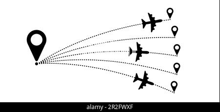 Percorso della linea del piano aereo in aumento. Decollare l'aereo, percorso di volo con punto di partenza. Segnale aereo vettore. Puntatore di posizione. Monitoraggio, vacanza, vacanza. T Foto Stock